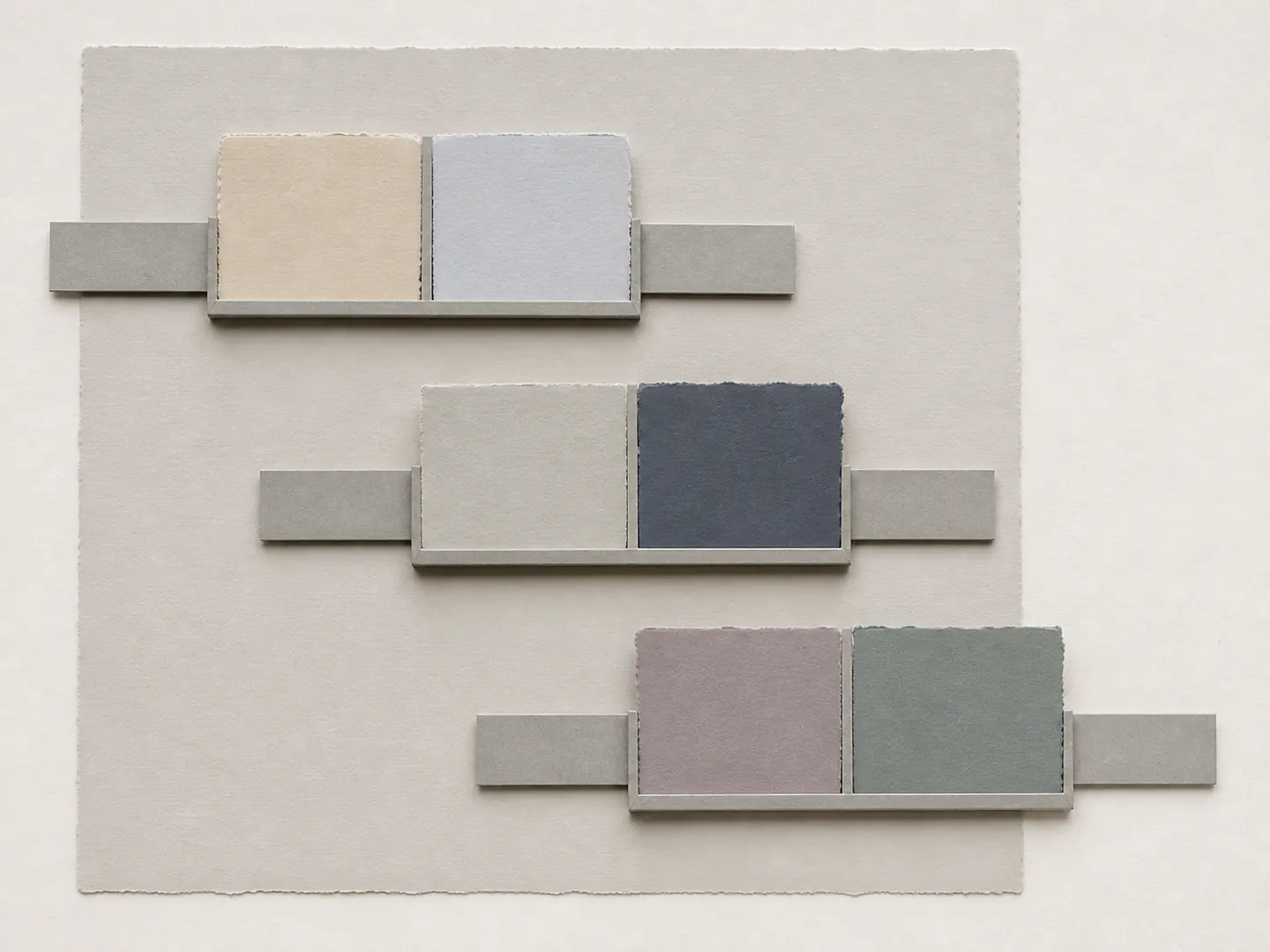 Three pairs of muted paper specimens compared edge to edge on a neutral appraisal field