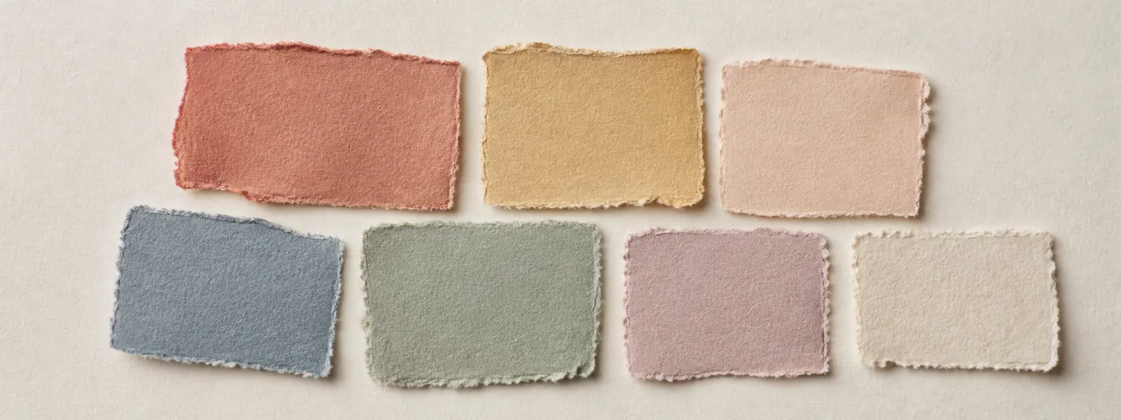 Torn paper colour swatches overlapping on a pale bench in daylight
